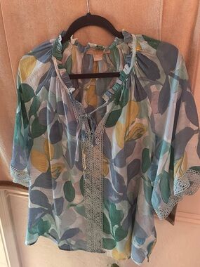 Women’s Lightweight Floral Peasant Blouse - Blue/Green/Yellow